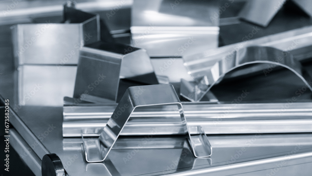 Poster metal pieces are being cut by machine. pieces all same size and shape, and they are arranged in a ro