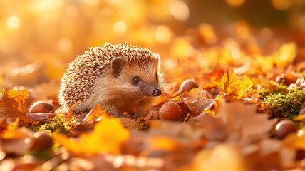 Obraz premium A small hedgehog walking through vibrant autumn leaves with textured spines, surrounded by acorns and moss under golden afternoon light
