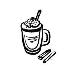 Whimsical sketch hot coffee latte with cream and cinnamon. Hand drawn cozy autumn and winter symbol of comfort. Vintage isolated vector illustration