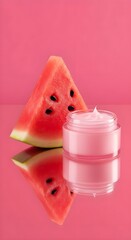 watermelon slice with pink cream jar cosmetic beauty product photography summer concept