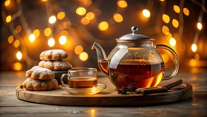 Cozy tea time with warm bokeh lights, featuring a glass teapot, cup, cookies, and spices