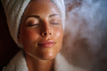 A woman relaxes as she enjoys a soothing facial steam treatment. Warm vapor gently surrounds her face, highlighting her peaceful expression and promoting rejuvenation and tranquility