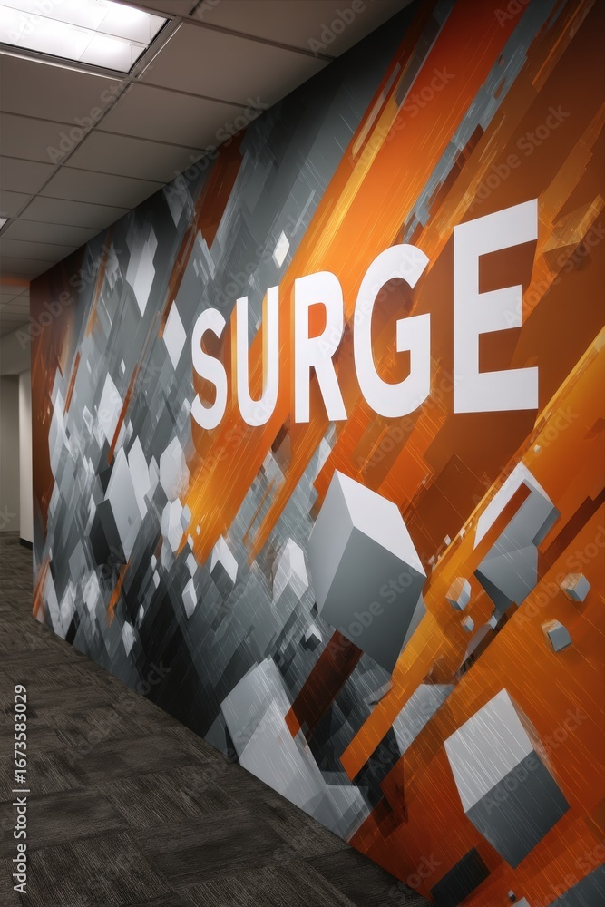 Poster dynamic banner with diagonal lines, floating cubes, and surge typography
