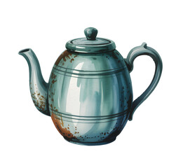 Vintage watercolor illustration of an antique metal teapot in rustic green tones, isolated on white background.
