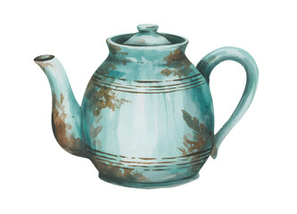 Vintage watercolor illustration of an antique metal teapot in rustic green tones, isolated on white background.