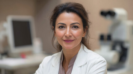 Confident female doctor in lab coat smiling in medical office, representing healthcare, professionalism and modern science in clinical or research setting.