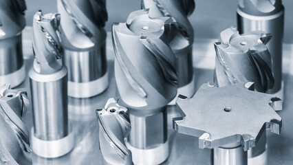 Industrial metalworking concept, milling cutter, metal cutter close up CNC cutters for metal. Drills, milling cutters, bits industry metal processing concept  background © Aleksandr Matveev