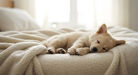 Fluffy Puppy Napping Soundly on Plush Blanket