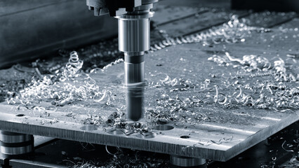Automatic CNC drilling milling metalworking machine drills a telattical part. Industrial concept...