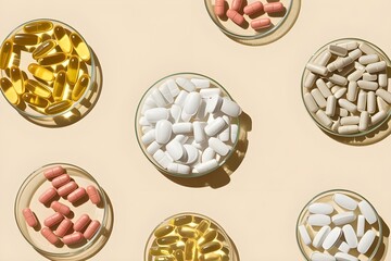 Variety of colorful vitamin pills and supplements in clear containers arranged in a pattern