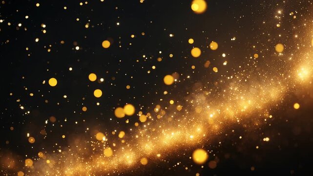 Golden glittering particles floating in dark space with glowing light trail abstract shimmering sparks creating festive magical atmosphere