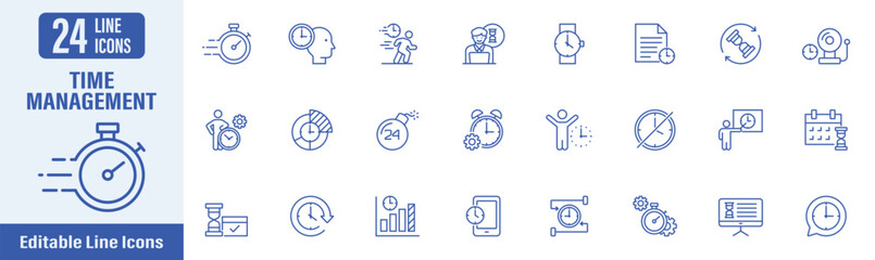 Time management web icons in line style. Contains icons as time management, schedule, agenda, planner, productivity, timer, hourglass, reminder, calendar and more. Vector illustration.