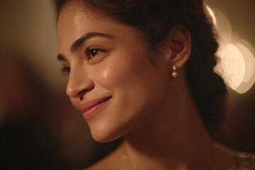 The woman displays a subtle smile, adorned with elegant pearl earrings. Soft light highlights her features, creating an enchanting and tranquil atmosphere