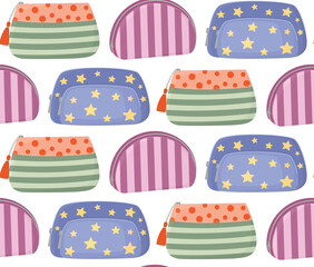 Bright seamless pattern with colorful pencil cases. Back-to-school playful background 
