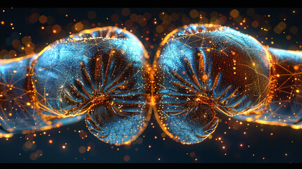 Abstract boxing gloves, digital art, energy, competition, technology.