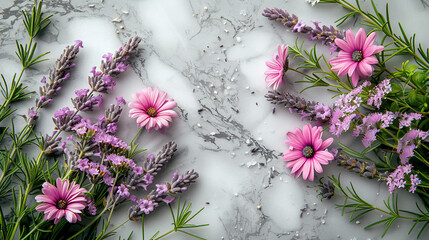 Delicate floral arrangement of lavender, pink daisies, and herbs on a marble surface.