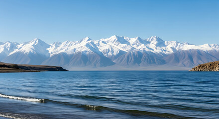 Snowcapped mountains overlooking a calm lake