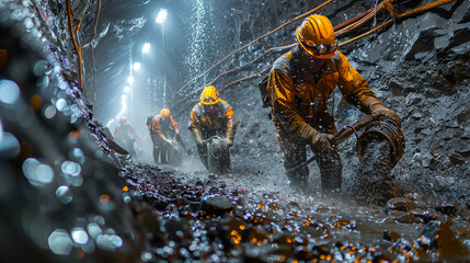 Workers clearing a tunnel, muddy, wet, industrial scene.