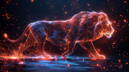 Abstract glowing lion walking on a reflective surface.
