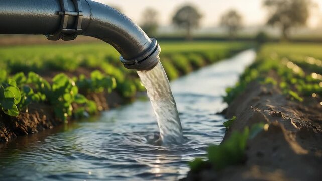 Water streaming from metal irrigation pipe into cultivated farm channel nourishing green crops with fresh supply for sustainable agriculture