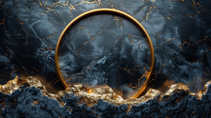 Gold circle frame on dark marble background with golden texture.