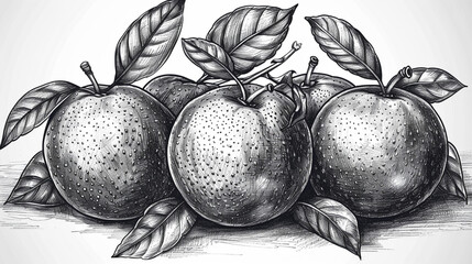 Detailed pencil sketch of several apples and leaves, with a vintage style.
