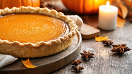 Whole pumpkin pie on a rustic kitchen table surrounded by autumn spices and neutral napkins with gentle lighting
