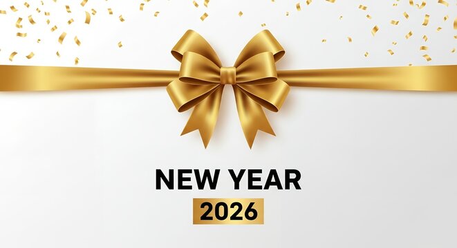 A gold ribbon bow with confetti is displayed above the text NEW YEAR 2026 against a white background 1024x559 pixels celebration festive holiday banner