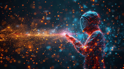 Futuristic astronaut using a phone, surrounded by digital data streams.