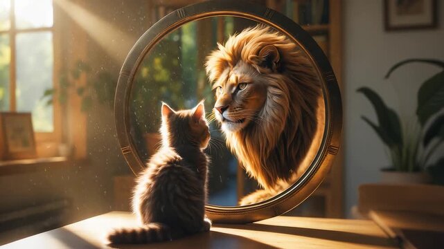 Adorable kitten looking into mirror reflection showing majestic lion face inside cozy sunlit room creative concept of imagination and power
