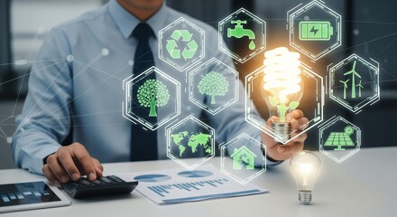 Renewable Energy and Sustainability Concept with Green Eco Icons and Business Analysis