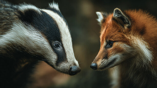 Close up of a badger and a fox facing each other with a dark background in an outdoor setting