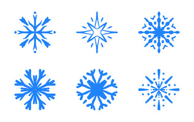 Blue crayon drawing snowflake collection isolated on transparent background. Hand drawn snowflakes and star icon set. Vector snowflake sketch doodle design element for Christmas border, frame, banner