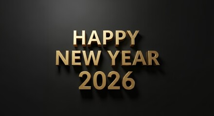 Golden text spelling Happy New Year 2026 is illuminated against a dark shadowed background creating a festive and elegant display Celebration Holiday New Years Eve