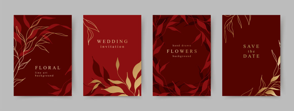 Luxury floral backgrounds with gold line art on red. Elegant modern vector template for wedding invitation, save the date, greeting card, thank you, certificate, cover 