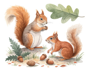 Watercolor woodland squirrel animals