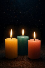 Warm Glow of Three Vibrant Candles Illuminating a Dark, Sparkling Setting