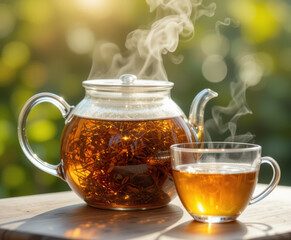 Steaming Tea Time A Cozy Glass Teapot and Cup Filled with Warm Brew on Wooden Surface