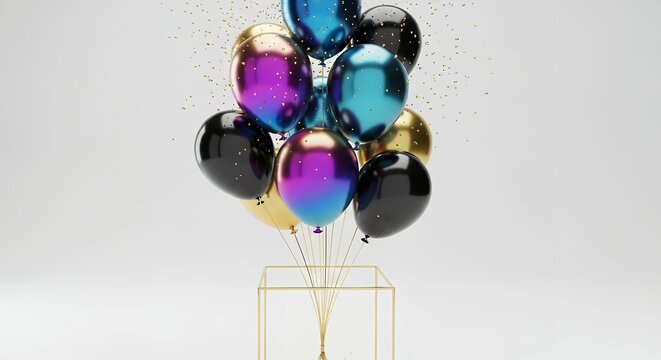 A cluster of metallic iridescent balloons in black gold blue and purple floats upwards from a transparent golden cube dusted with gold confetti Party Celebration