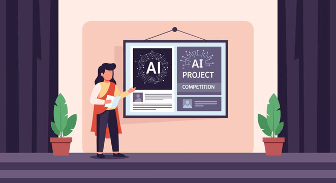 A female speaker presents an artificial intelligence project competition on a stage, highlighting innovation and future technology in a modern flat illustration.