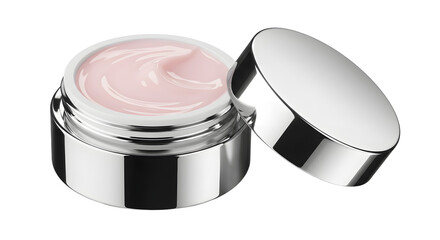 Open jar of pink face cream in silver container isolated on white background, skincare product for beauty and moisturizing