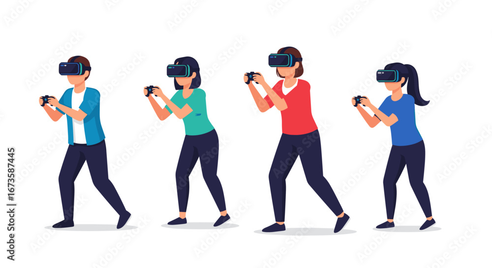 Aufkleber four diverse individuals are actively engaged in an immersive virtual reality experience, holding co