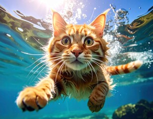 Cute cat domestic feline pet with white fur and whiskers portrait on a tree on the beach