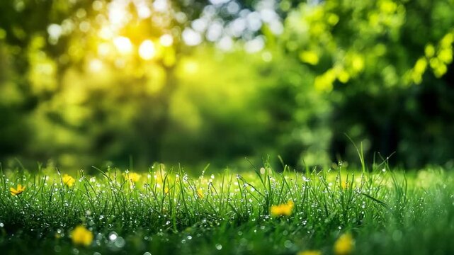 Sunlit dewy grass field with lush green trees in morning light