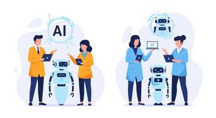 Modern professionals and scientific researchers engage with humanoid robots, harnessing artificial intelligence and advanced technology for innovative solutions and future progress.