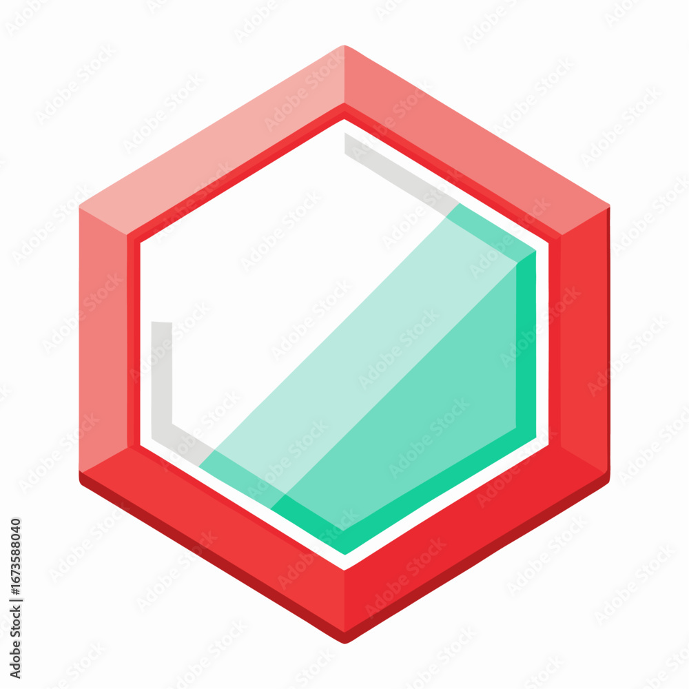 Poster red hexagonal frame with teal glass insert isolated on white background