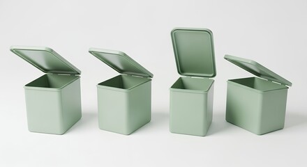 Four matte green metal containers with open lids sit in a row against a neutral seamless backdrop highlighting their simple functional design box storage