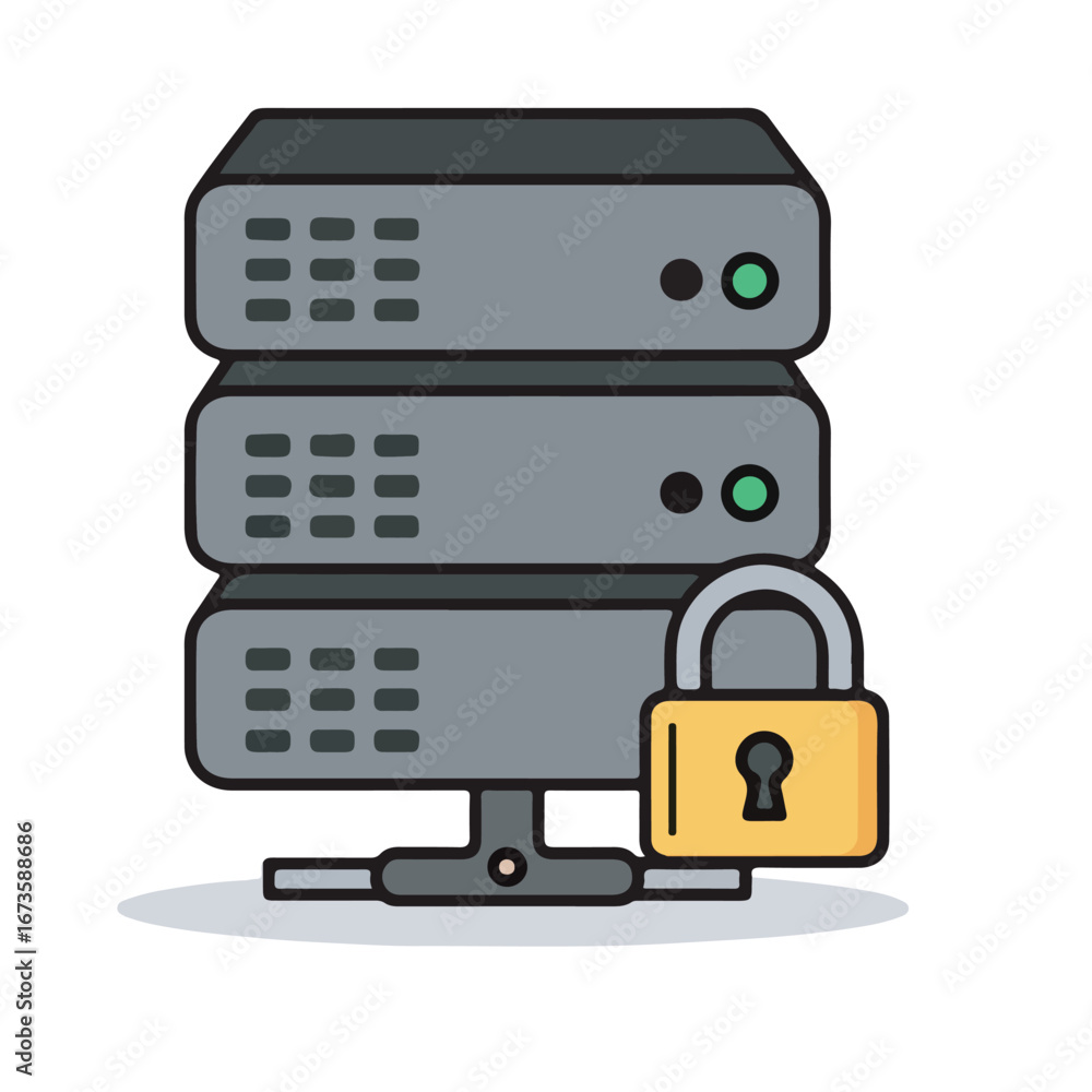 Poster secure server rack with padlock icon, data protection and cybersecurity concept illustration
