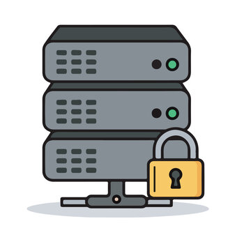 Secure server rack with padlock icon, data protection and cybersecurity concept illustration