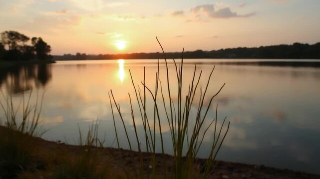 Plants on shore of lake with reflecting water during sunset